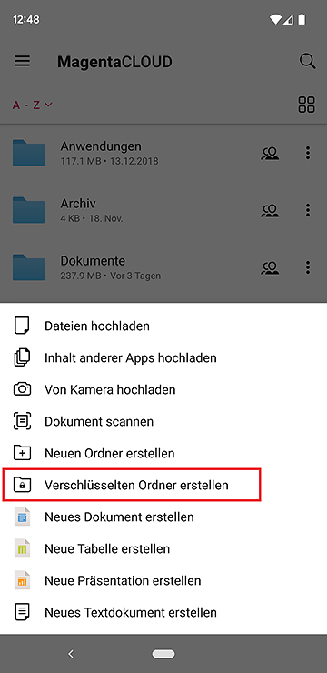 Screenshot aus der MagentaCloud Anwendung: Einrichtung von Verschlüsselung auf Android Teil 1.