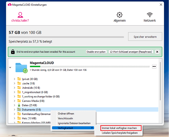 Screenshot aus der MagentaCloud Anwendung: App-Sperre aktiviert.