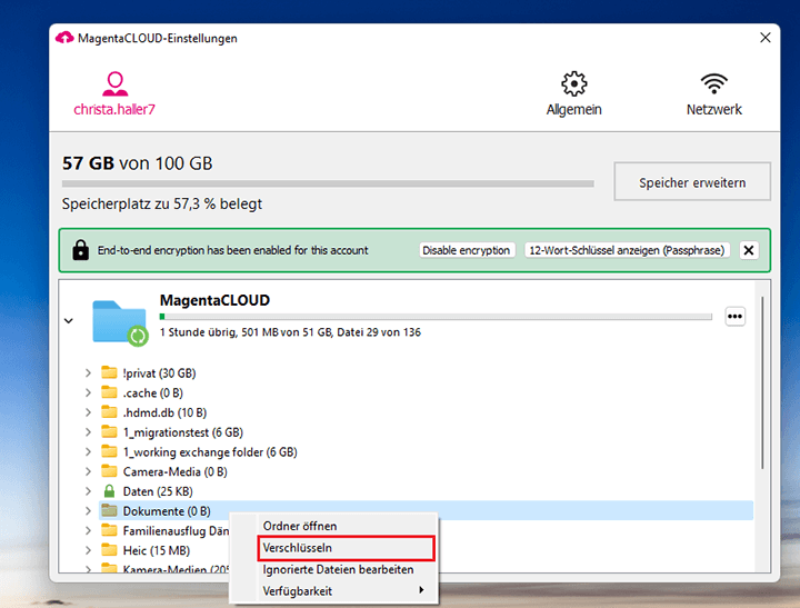 Screenshot aus der MagentaCloud Anwendung: Einrichtung von Verschlüsselung auf DesktopTeil 1.