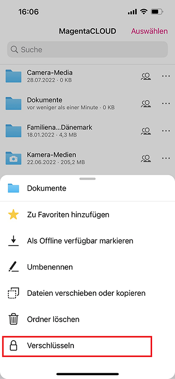 Screenshot aus der MagentaCloud Anwendung: Einrichtung von Verschlüsselung auf DesktopTeil 2.